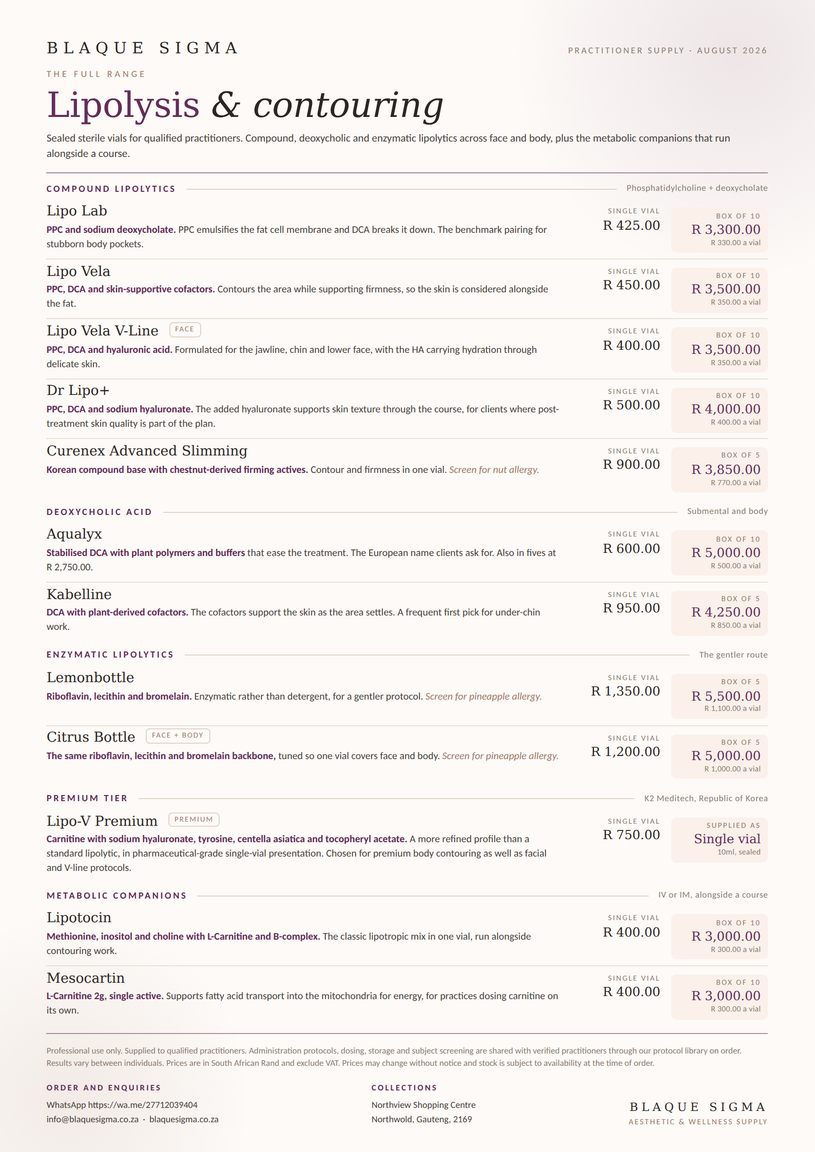 Blaque Sigma lipolysis and contouring range, practitioner price list