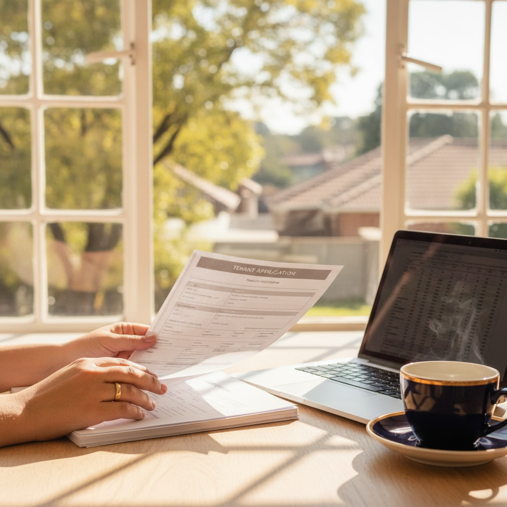 Hands of a landlord reviewing tenant application forms on a wooden desk with a laptop and coffee.
